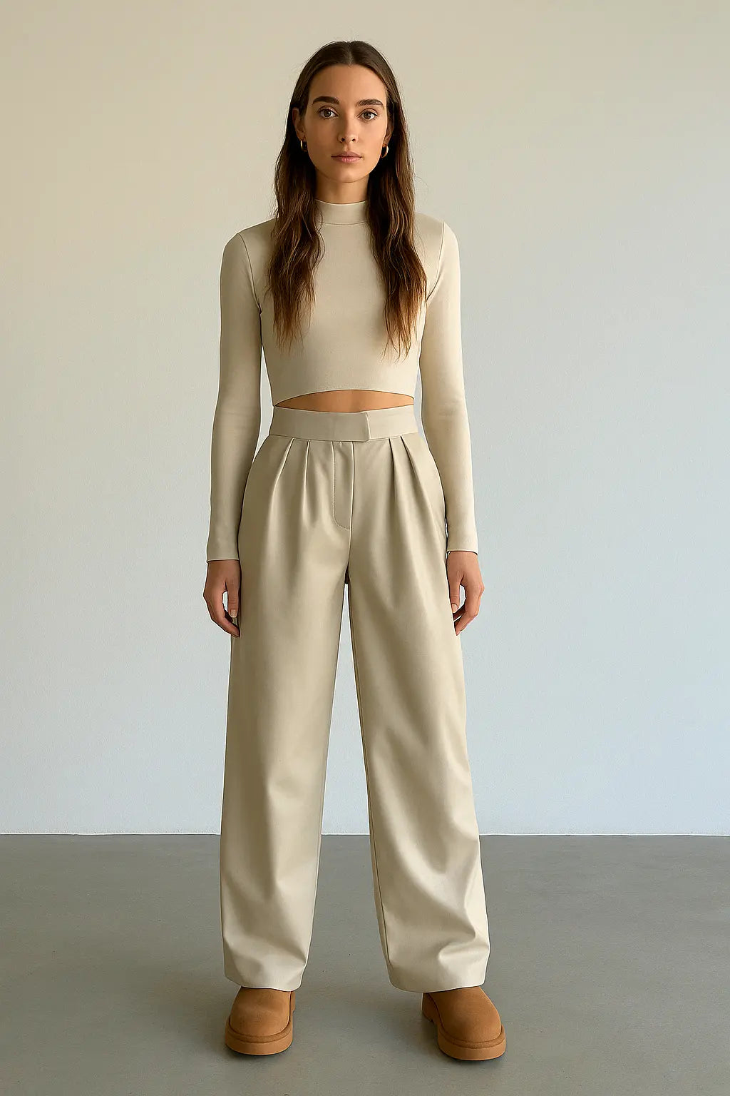 PANTALON PALAZZO SIMILICUIR BEIGE