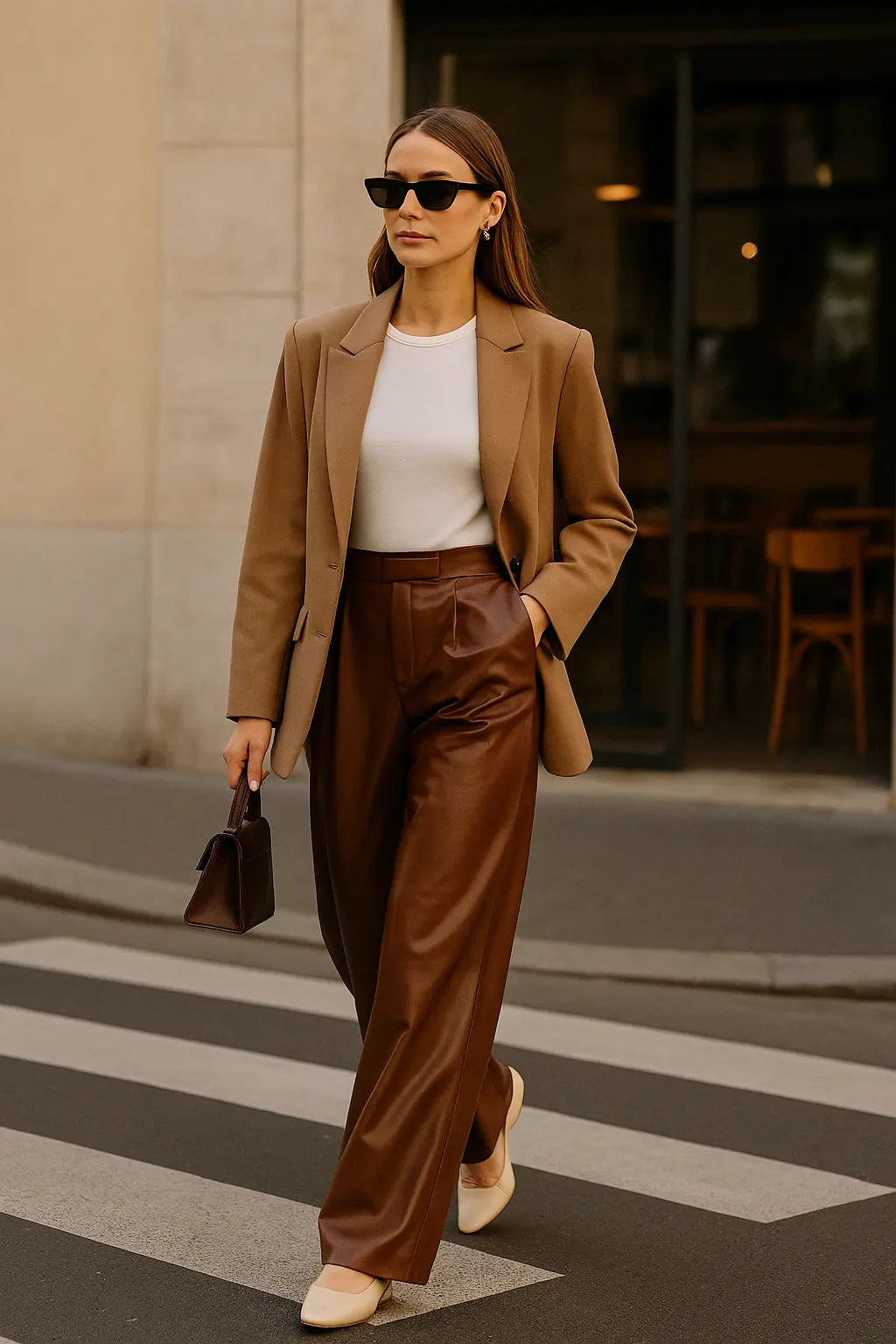 PANTALON PALAZZO SIMILICUIR CAMEL