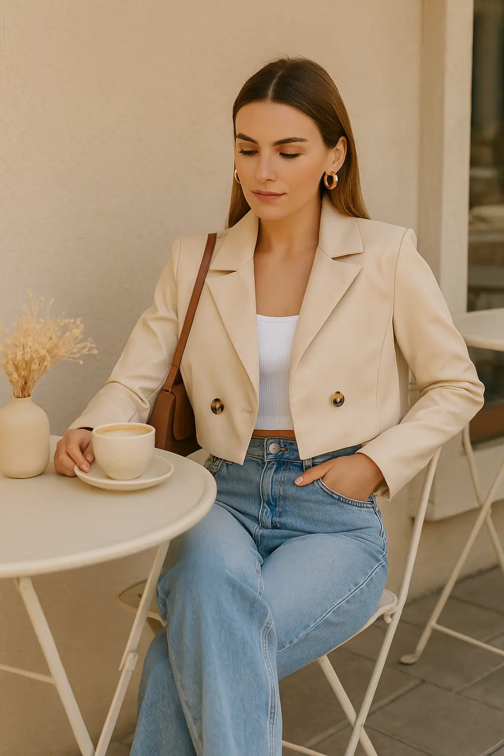 CROPPED LEATHER-BLAZER BEIGE