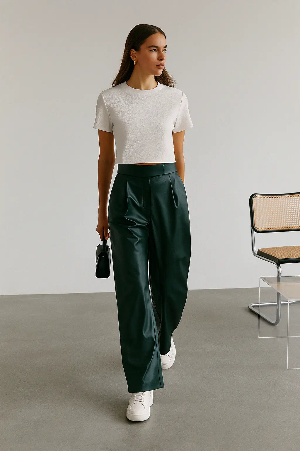 PANTALON PALAZZO SIMILICUIR VERT