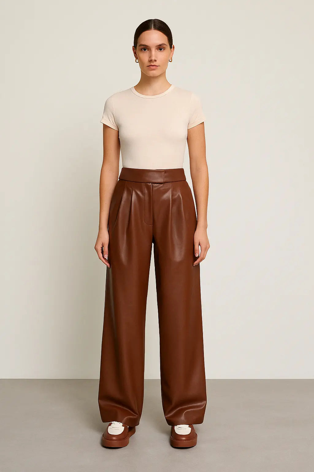 PANTALON PALAZZO SIMILICUIR CAMEL