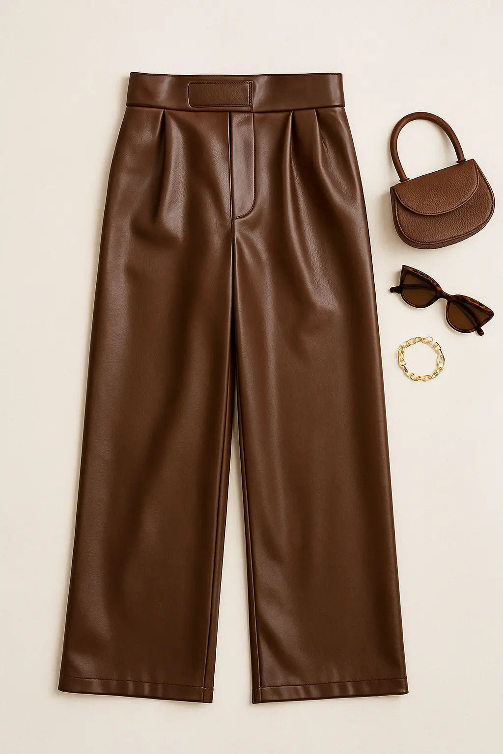 PANTALON PALAZZO SIMILICUIR MARRON